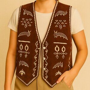 Vintage Western Suede Embroidered Vest Brown Cream Boho Ranch Cowgirl Size Large